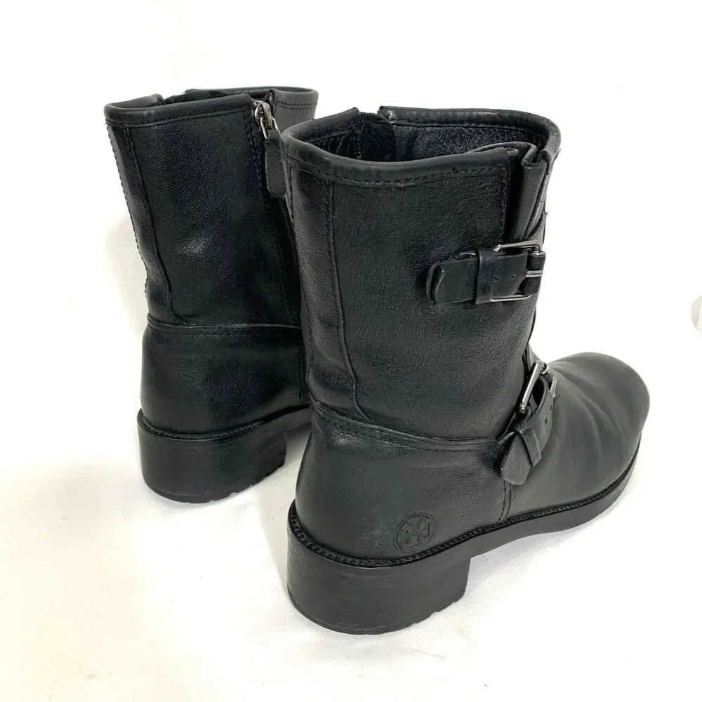 TORY BURCH LEATHER ANKLE BOOTIES BLACK ZIP-UP STRAP BUCKLE BOOTS SIZE 8.5